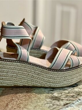 Tory Burch Pink Striped Platform Espadrille Sandals 8